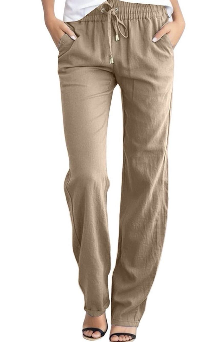 Tan Linen Look Pull-on Pants With Drawstring Soft Size Large New